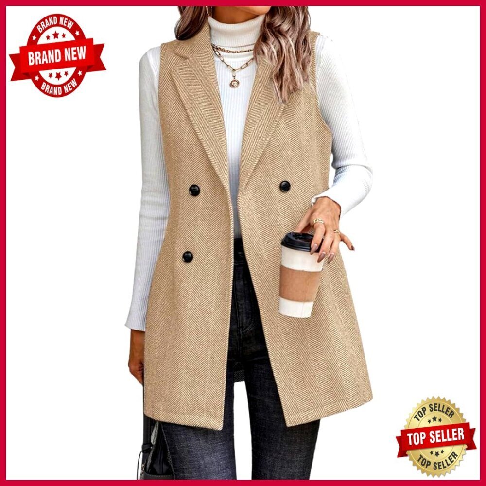 Slim Fit Wool Blend Vest Blazer Sleeveless Long Herringbone Outerwear